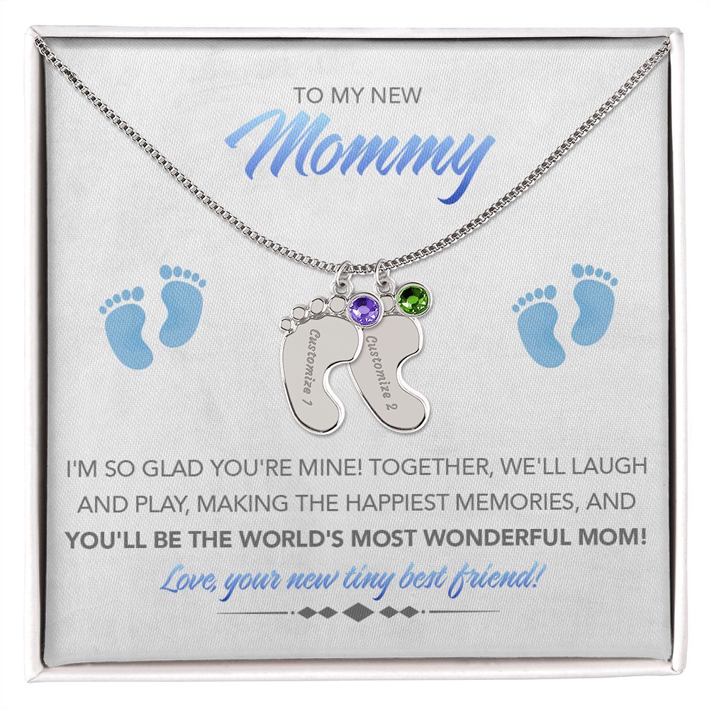 To My New Mommy Personalized Baby Feet Necklace, Glad You're Mine, Blue, Gift for Mom, Mother's Day Gift