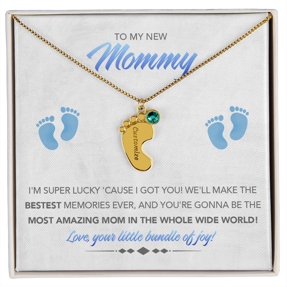 To My New Mommy Personalized Baby Feet Necklace, Super Lucky, Blue, Gift for Mom, Mother's Day Gift