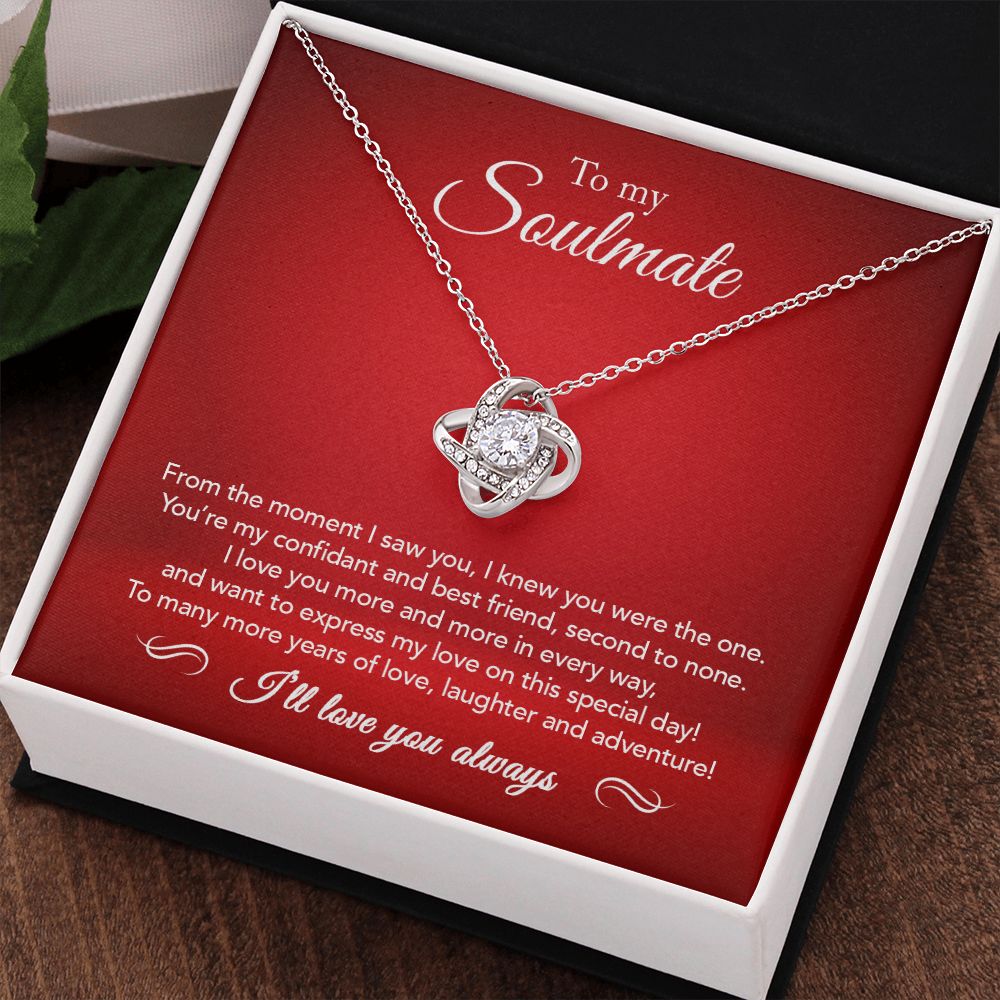 To My Soulmate - Confidant & Best Friend - Love Knot Necklace - Crimson Message Card