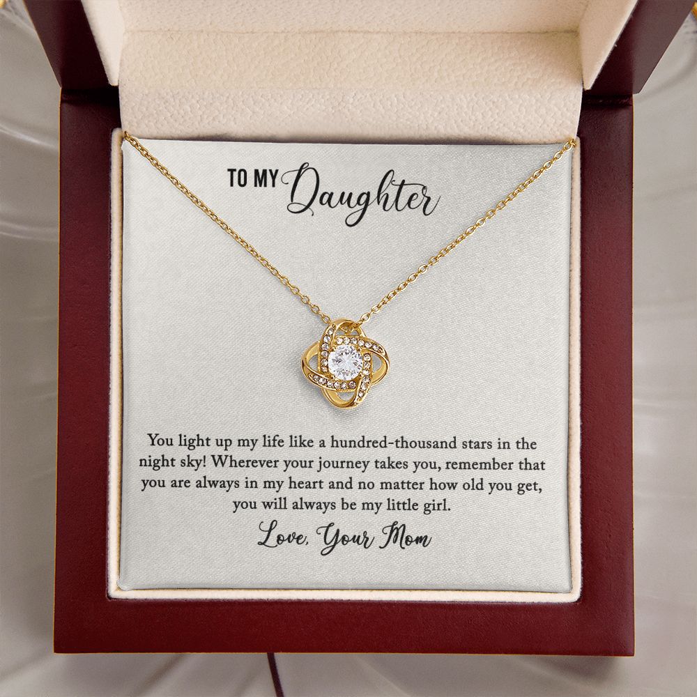 18K Yellow Gold Finish Love Knot Necklace in Mahogany Style Luxury Gift Box with LED as a gift for Daughter from Mom