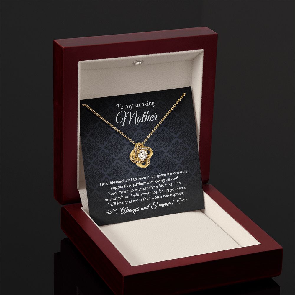 18K Yellow Gold Finish Love Knot Necklace in in Mahogany Style Luxury Box with LED with box open and light on