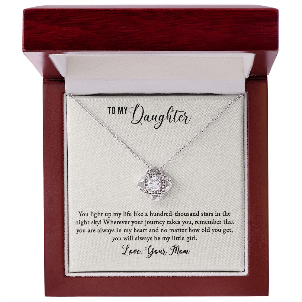 14K White Gold Finish Love Knot Necklace in a Mahogany Style Luxury Gift Box with LED as a gift for Daughter from Mom