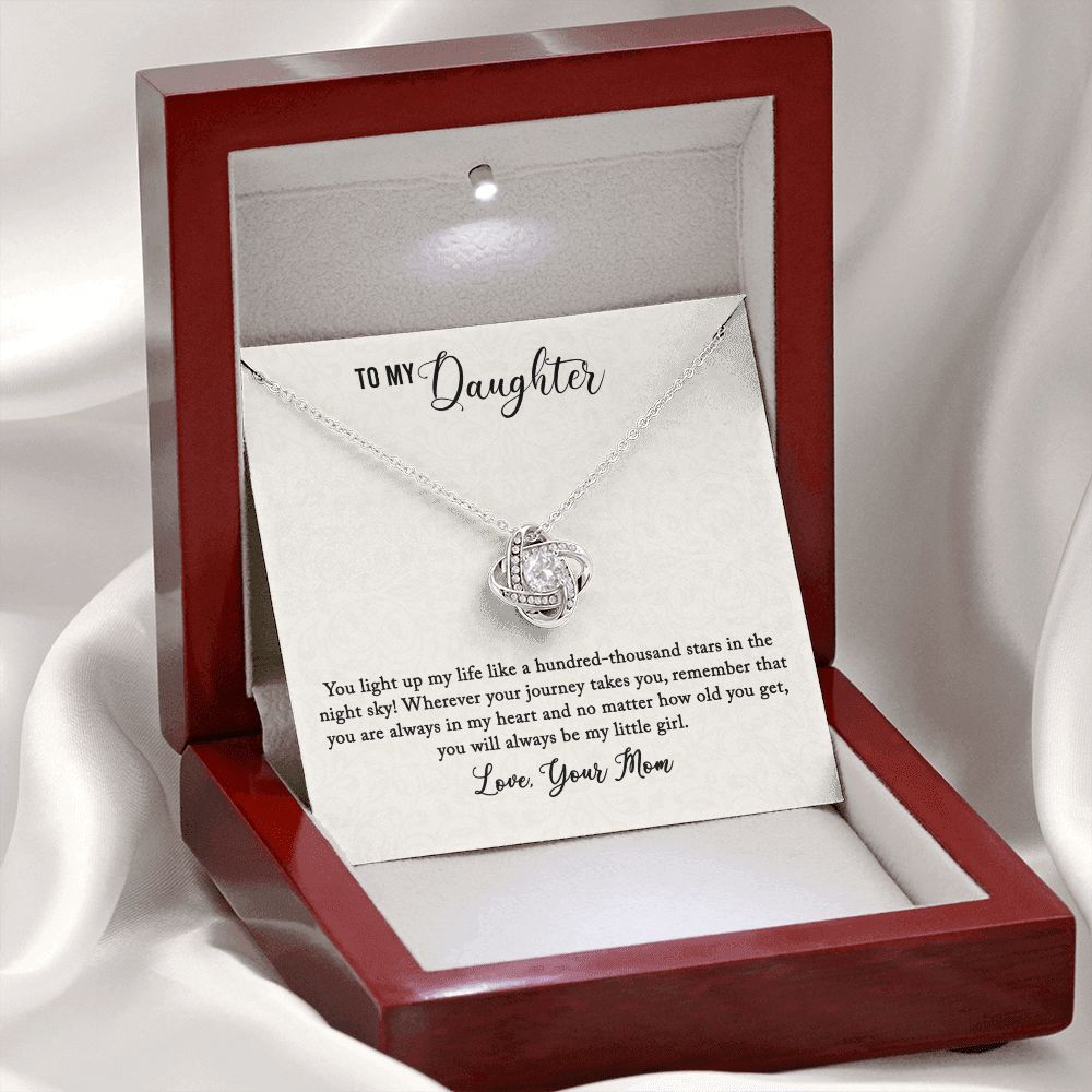 14K White Gold Finish Love Knot Necklace in a Mahogany Style Luxury Gift Box with LED as a gift for Daughter from Mom