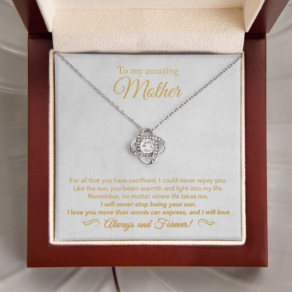 14K White Gold Finish Love Knot Necklace open inside of the mahogany style luxury gift box