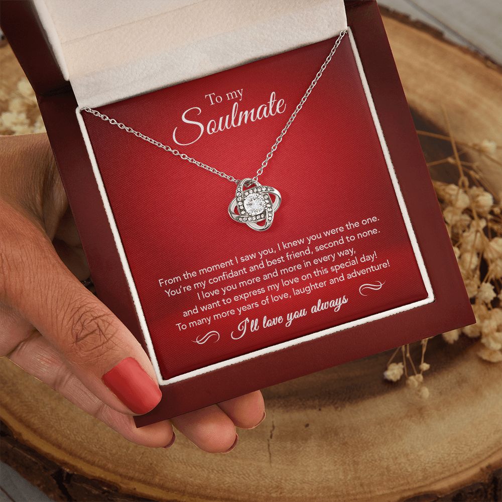 To My Soulmate - Confidant & Best Friend - Love Knot Necklace - Crimson Message Card