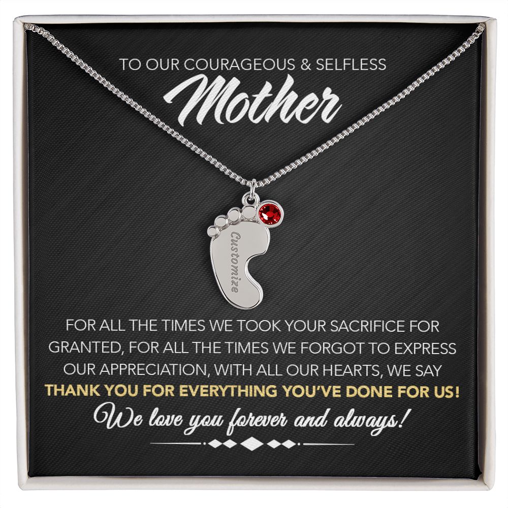 To Our Courageous & Selfless Mother - Personalized Baby Feet Necklace with Birthstone - Midnight Marble