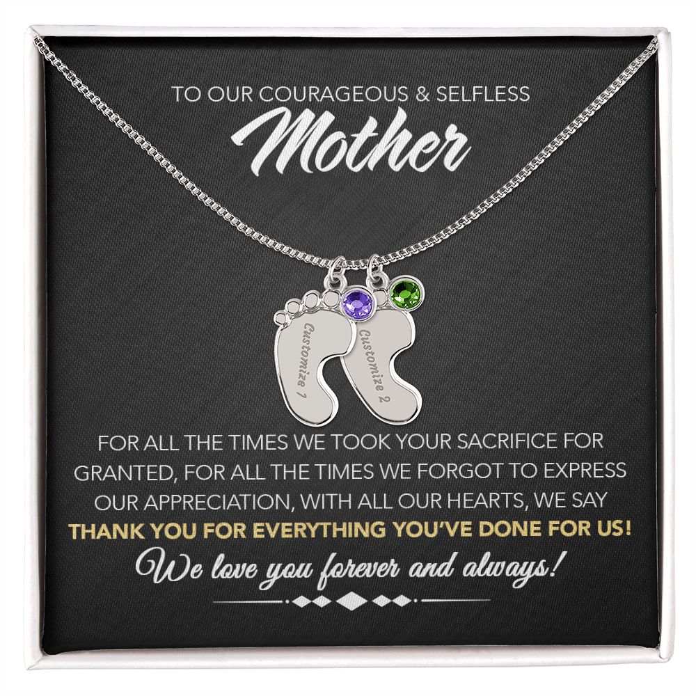 To Our Courageous & Selfless Mother - Personalized Baby Feet Necklace with Birthstone - Midnight Marble