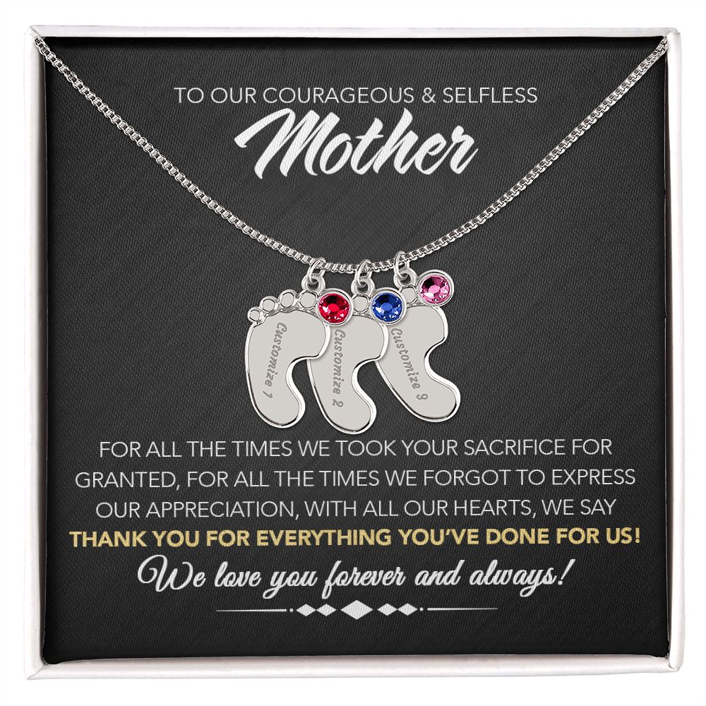 To Our Courageous & Selfless Mother - Personalized Baby Feet Necklace with Birthstone - Midnight Marble