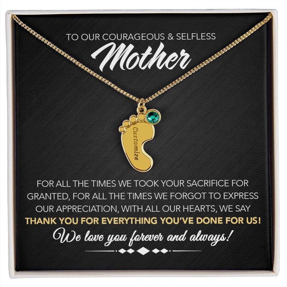 To Our Courageous & Selfless Mother - Personalized Baby Feet Necklace with Birthstone - Midnight Marble