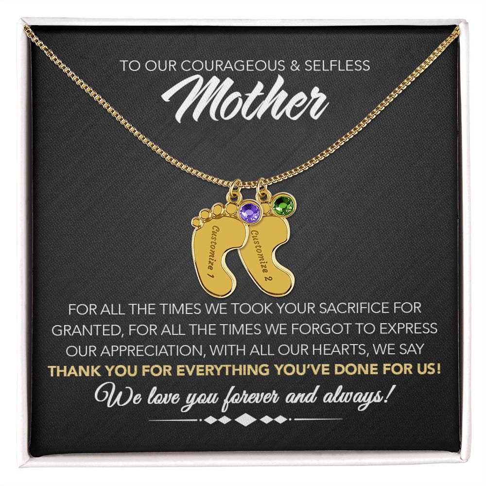 To Our Courageous & Selfless Mother - Personalized Baby Feet Necklace with Birthstone - Midnight Marble