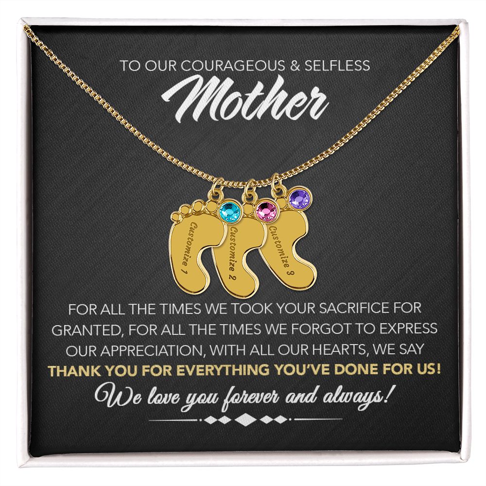 To Our Courageous & Selfless Mother - Personalized Baby Feet Necklace with Birthstone - Midnight Marble