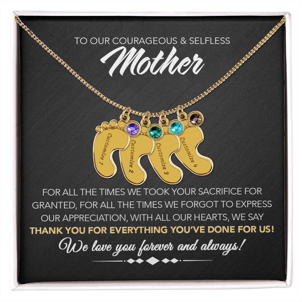 To Our Courageous & Selfless Mother - Personalized Baby Feet Necklace with Birthstone - Midnight Marble
