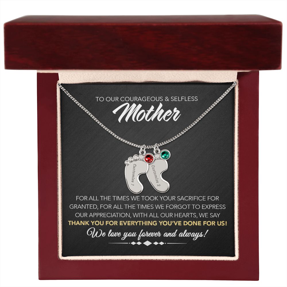 To Our Courageous & Selfless Mother - Personalized Baby Feet Necklace with Birthstone - Midnight Marble