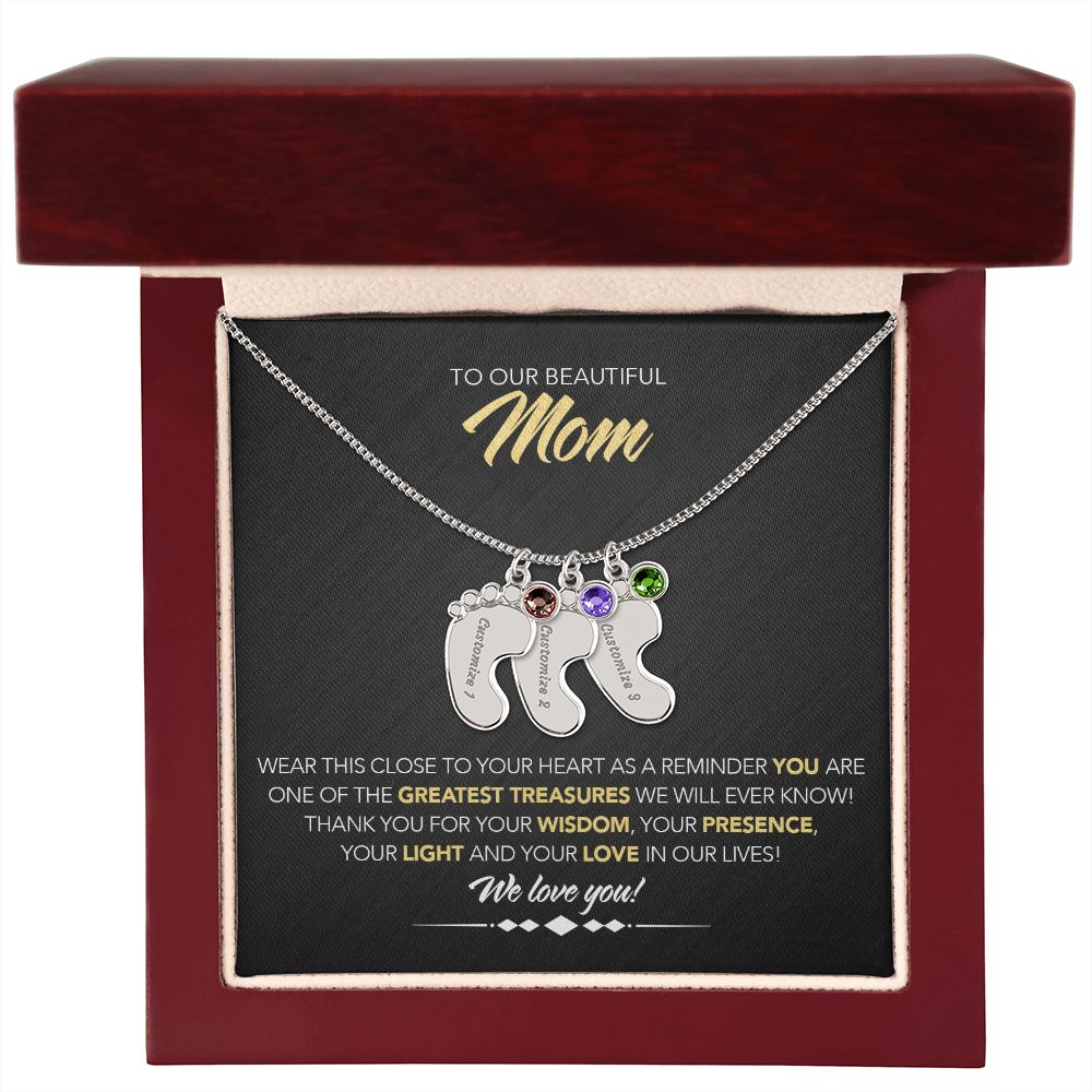 To Our Beautiful Mom - Personalized, Engraved Baby Feet - Greatest Treasure - Midnight Marble