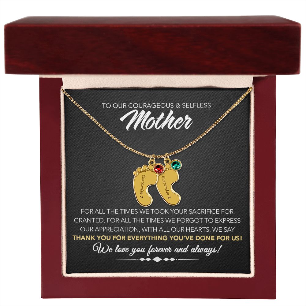 To Our Courageous & Selfless Mother - Personalized Baby Feet Necklace with Birthstone - Midnight Marble