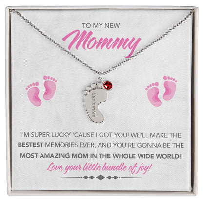 To My New Mommy Personalized Baby Feet Necklace, Super Lucky, Pink, Gift for Mom, Mother's Day Gift