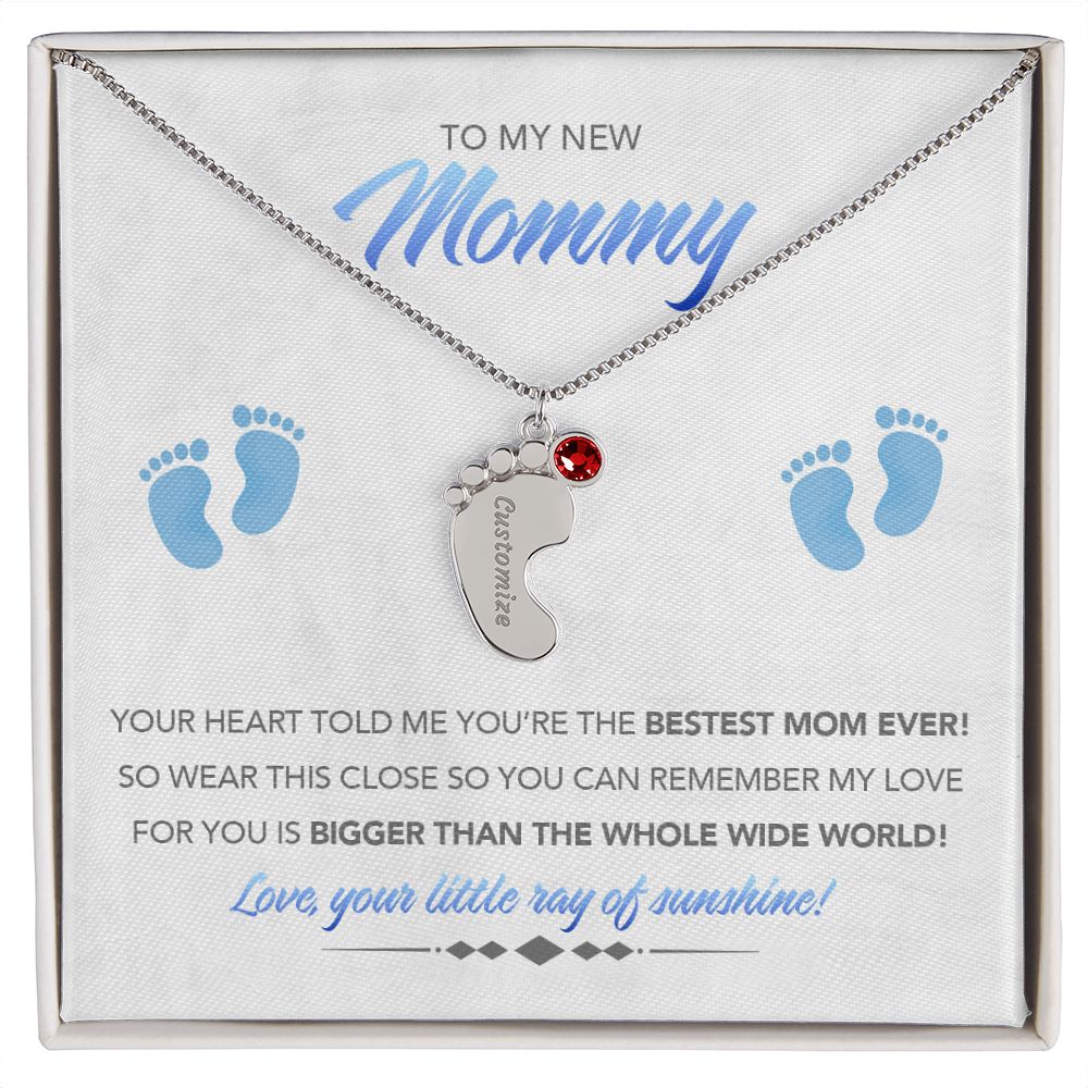 To My New Mommy Personalized Baby Feet Necklace, Bigger Than, Blue, Gift for Mom, Mother's Day Gift