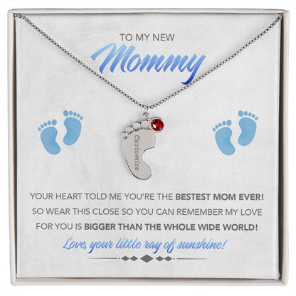 To My New Mommy Personalized Baby Feet Necklace, Bigger Than, Blue, Gift for Mom, Mother's Day Gift