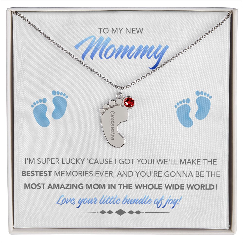 To My New Mommy Personalized Baby Feet Necklace, Super Lucky, Blue, Gift for Mom, Mother's Day Gift