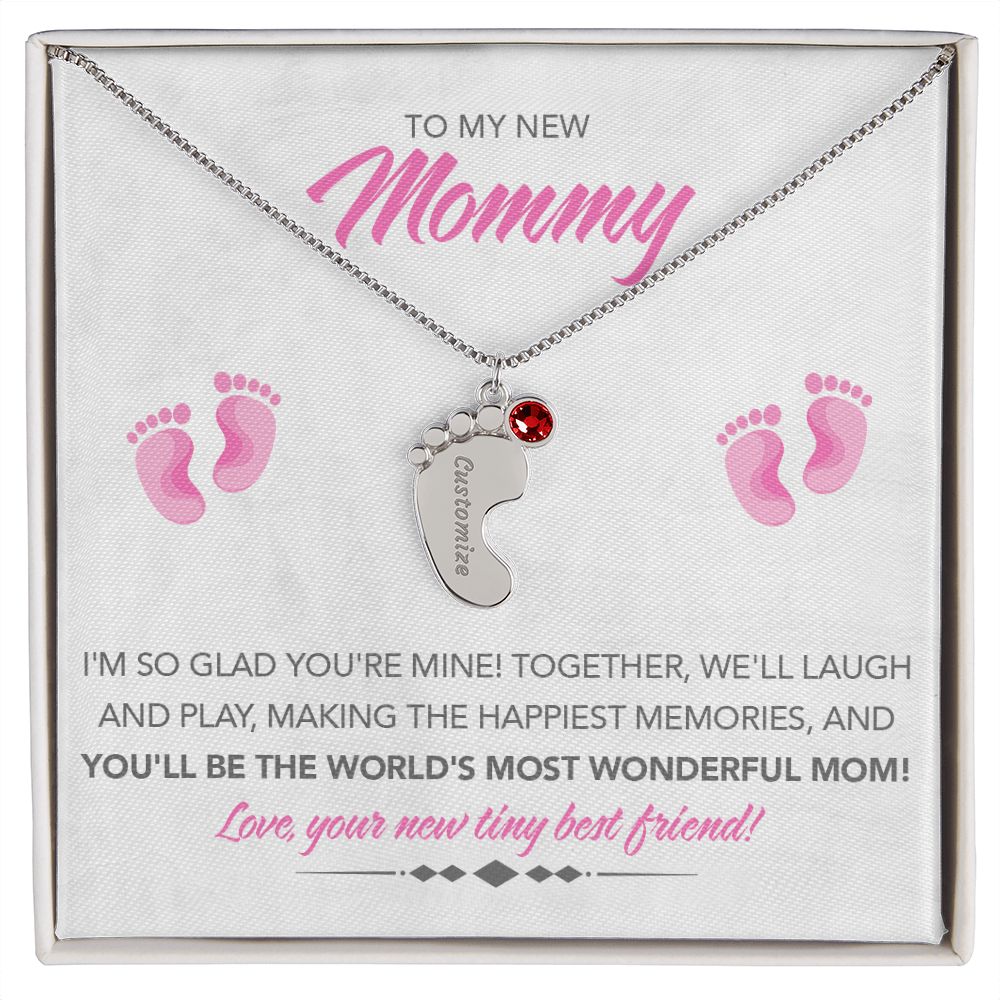 To My New Mommy Personalized Baby Feet Necklace, Glad You're Mine, Pink, Gift for Mom, Mother's Day Gift