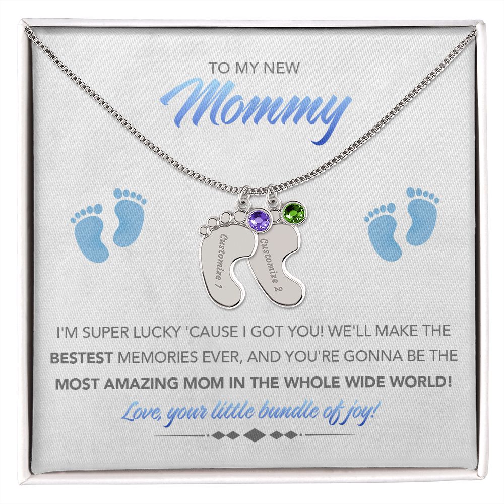 To My New Mommy Personalized Baby Feet Necklace, Super Lucky, Blue, Gift for Mom, Mother's Day Gift