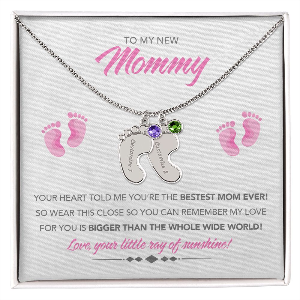 To My New Mommy Personalized Baby Feet Necklace, Bigger Than, Pink, Gift for Mom, Mother's Day Gift