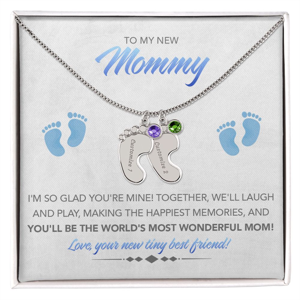 To My New Mommy Personalized Baby Feet Necklace, Glad You're Mine, Blue, Gift for Mom, Mother's Day Gift