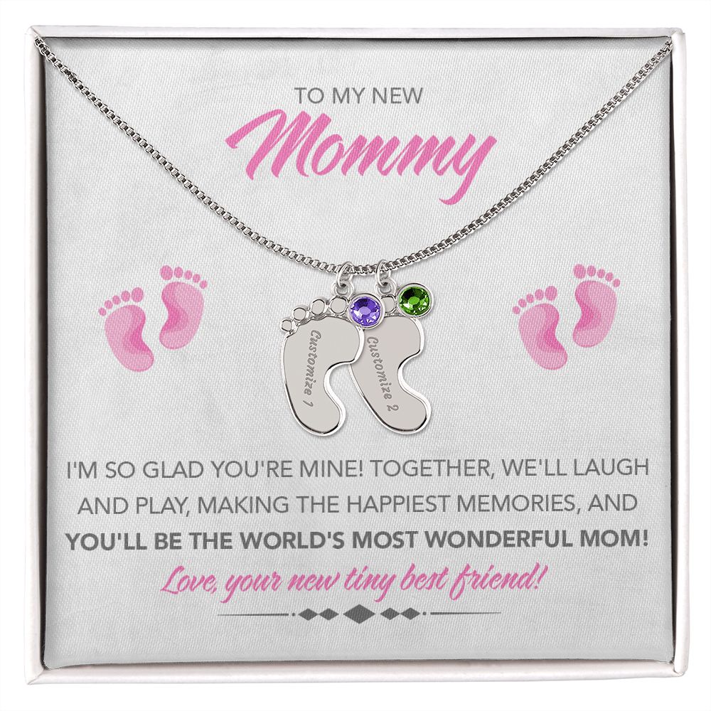 To My New Mommy Personalized Baby Feet Necklace, Glad You're Mine, Pink, Gift for Mom, Mother's Day Gift