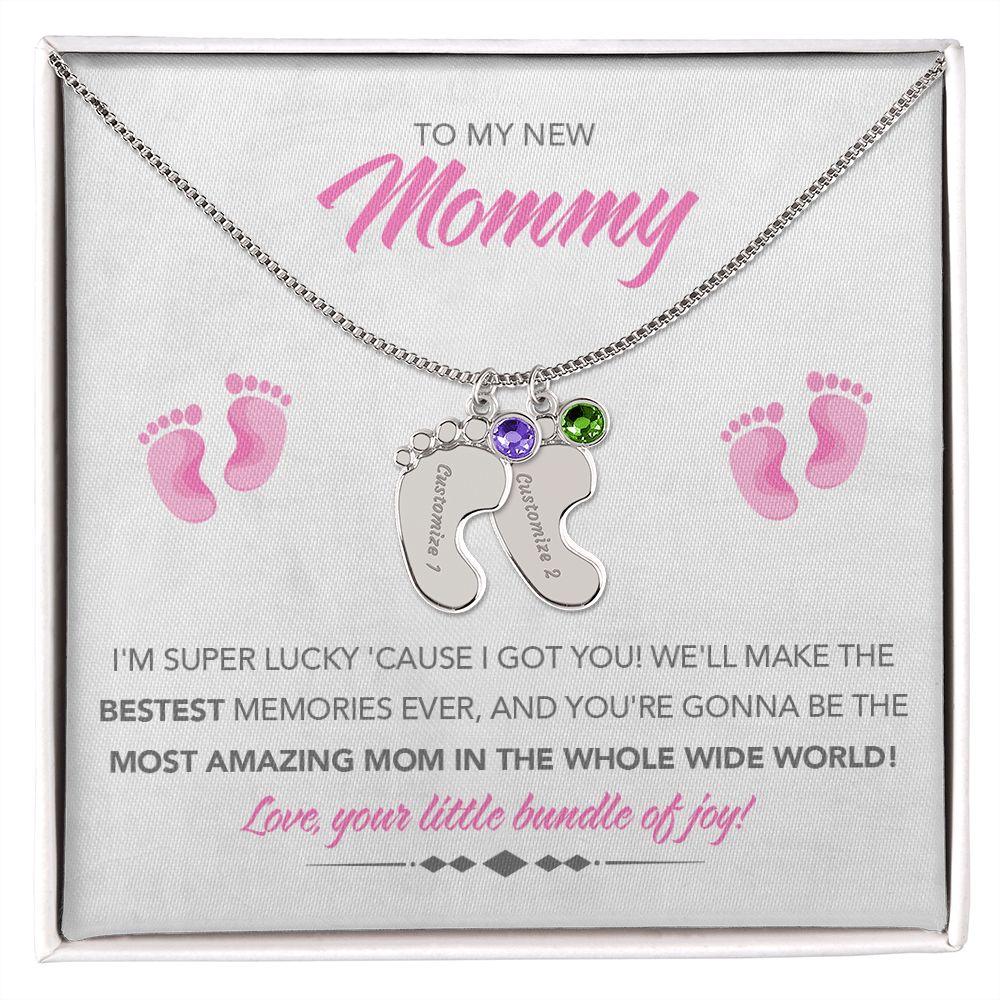 To My New Mommy Personalized Baby Feet Necklace, Super Lucky, Pink, Gift for Mom, Mother's Day Gift