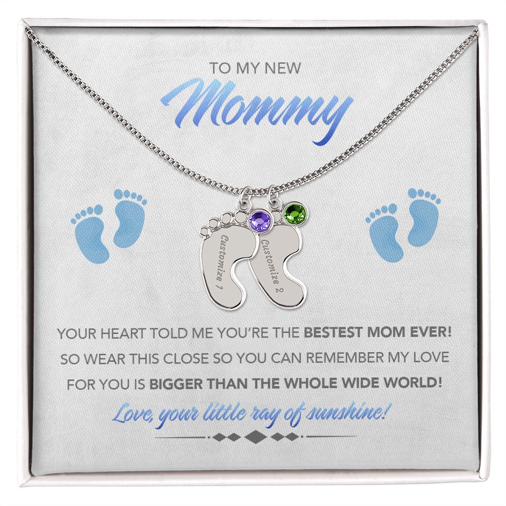 To My New Mommy Personalized Baby Feet Necklace, Bigger Than, Blue, Gift for Mom, Mother's Day Gift