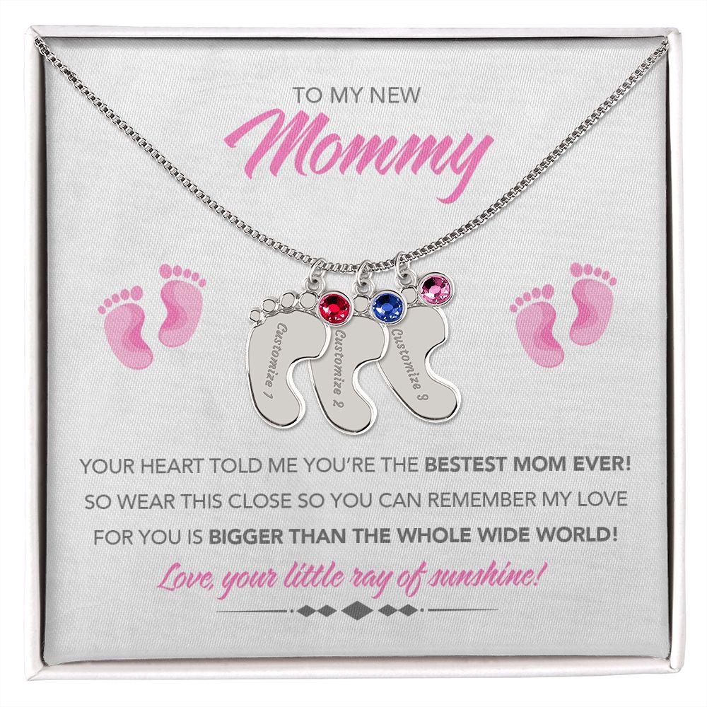 To My New Mommy Personalized Baby Feet Necklace, Bigger Than, Pink, Gift for Mom, Mother's Day Gift