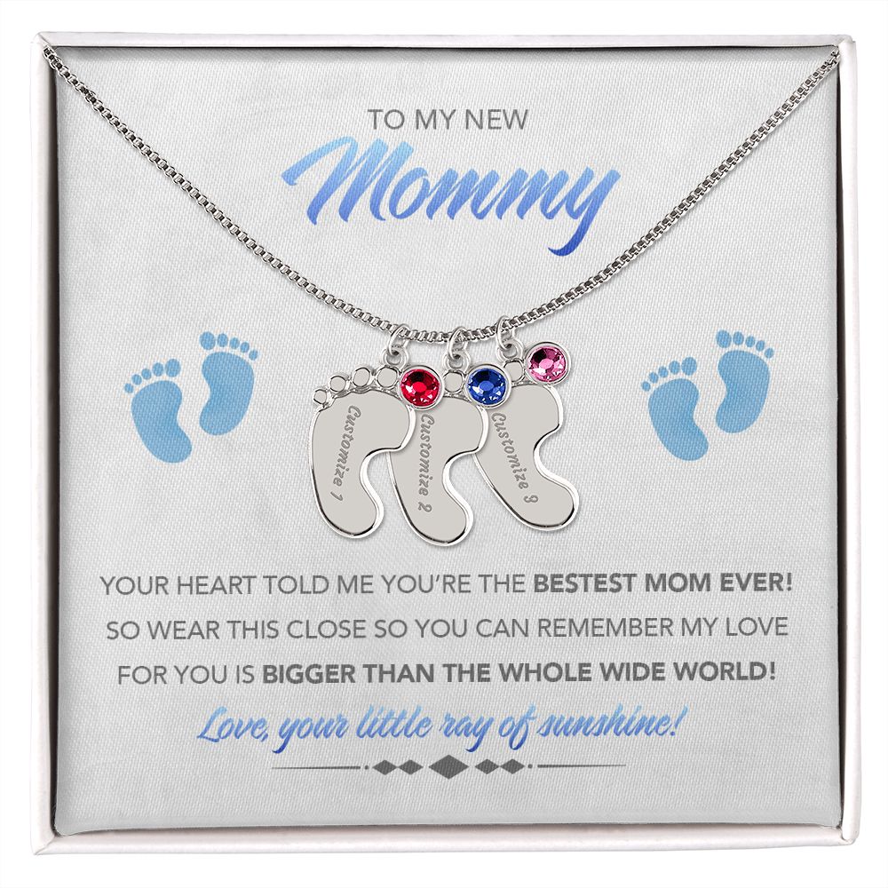 To My New Mommy Personalized Baby Feet Necklace, Bigger Than, Blue, Gift for Mom, Mother's Day Gift