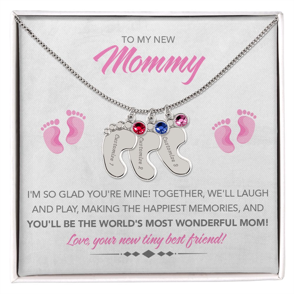 To My New Mommy Personalized Baby Feet Necklace, Glad You're Mine, Pink, Gift for Mom, Mother's Day Gift