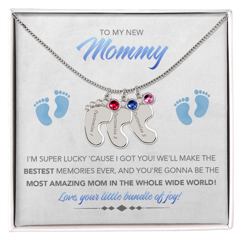 To My New Mommy Personalized Baby Feet Necklace, Super Lucky, Blue, Gift for Mom, Mother's Day Gift