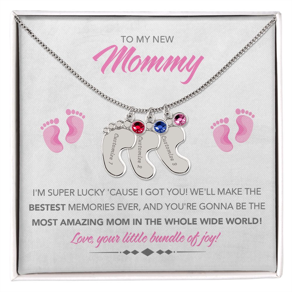 To My New Mommy Personalized Baby Feet Necklace, Super Lucky, Pink, Gift for Mom, Mother's Day Gift