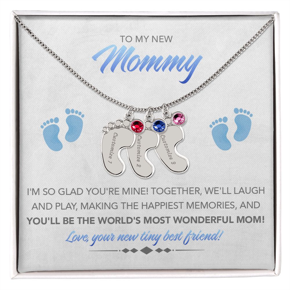 To My New Mommy Personalized Baby Feet Necklace, Glad You're Mine, Blue, Gift for Mom, Mother's Day Gift