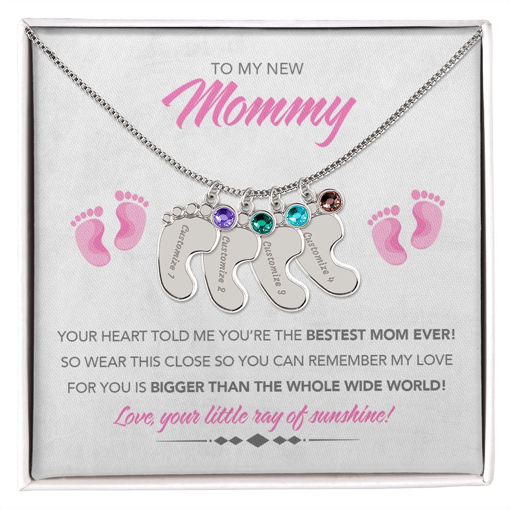 To My New Mommy Personalized Baby Feet Necklace, Bigger Than, Pink, Gift for Mom, Mother's Day Gift