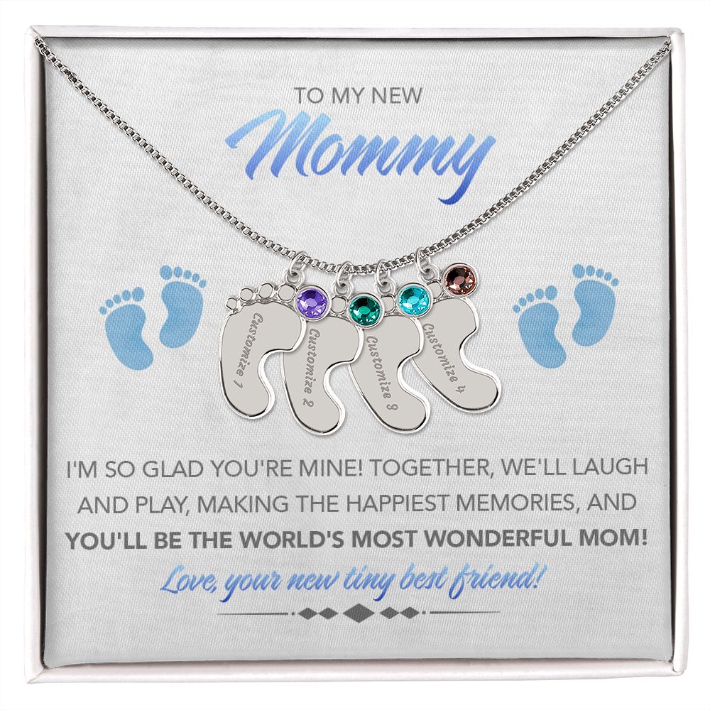 To My New Mommy Personalized Baby Feet Necklace, Glad You're Mine, Blue, Gift for Mom, Mother's Day Gift