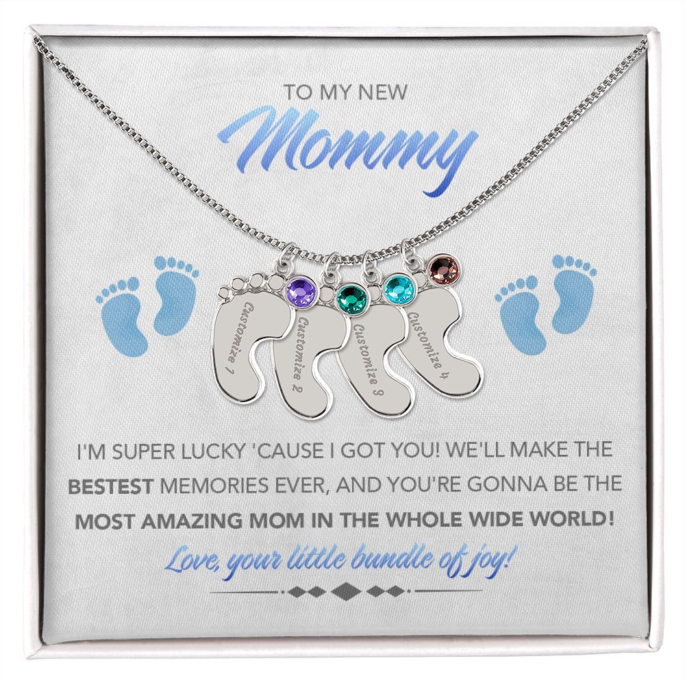 To My New Mommy Personalized Baby Feet Necklace, Super Lucky, Blue, Gift for Mom, Mother's Day Gift