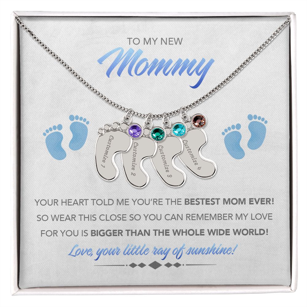 To My New Mommy Personalized Baby Feet Necklace, Bigger Than, Blue, Gift for Mom, Mother's Day Gift