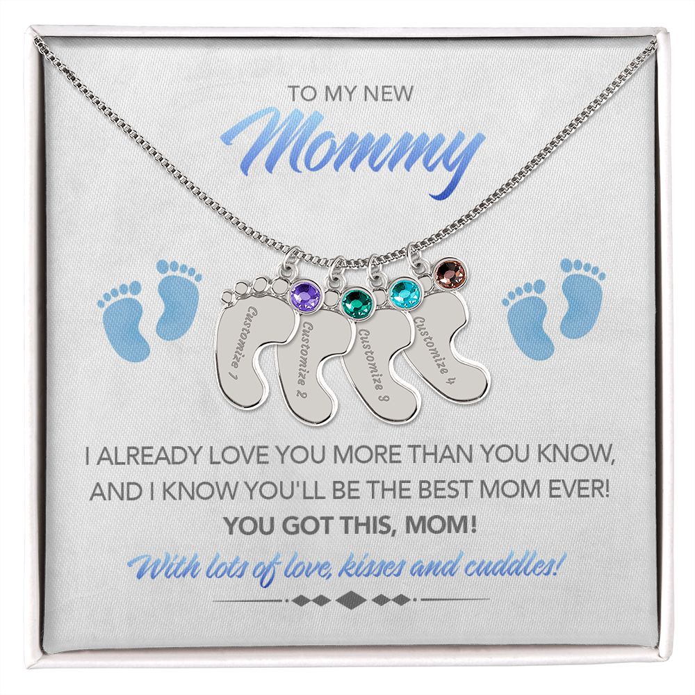 To My New Mommy Personalized Baby Feet Necklace, You Got This, Blue, Gift for Mom, Mother's Day Gift