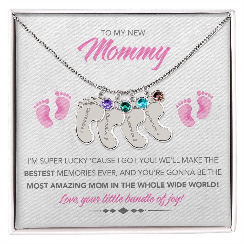 To My New Mommy Personalized Baby Feet Necklace, Super Lucky, Pink, Gift for Mom, Mother's Day Gift