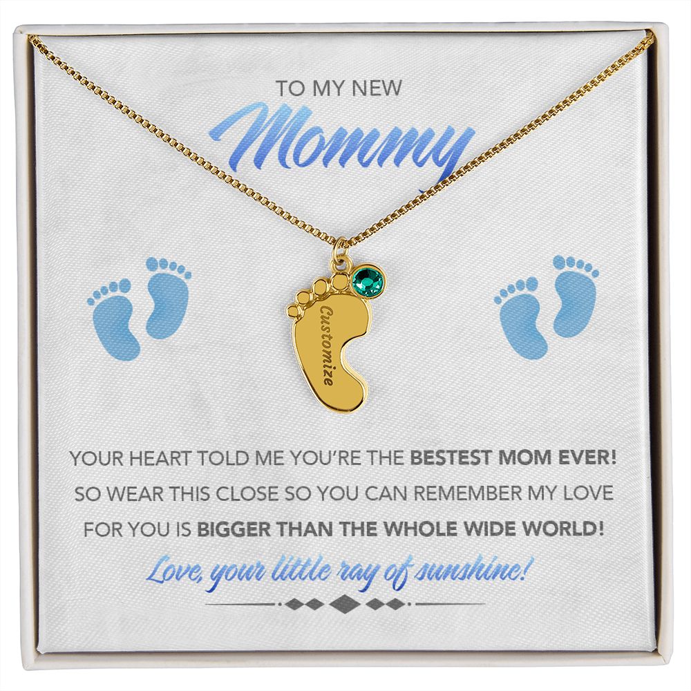 To My New Mommy Personalized Baby Feet Necklace, Bigger Than, Blue, Gift for Mom, Mother's Day Gift