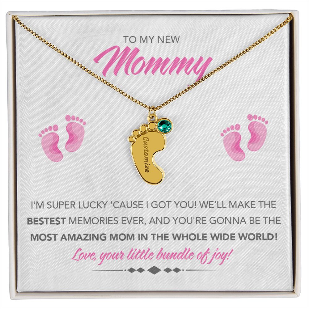 To My New Mommy Personalized Baby Feet Necklace, Super Lucky, Pink, Gift for Mom, Mother's Day Gift