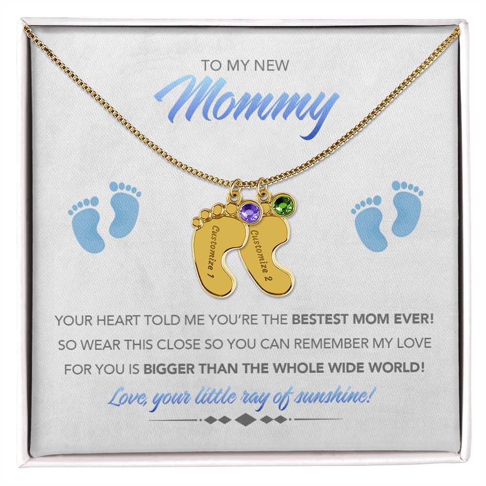 To My New Mommy Personalized Baby Feet Necklace, Bigger Than, Blue, Gift for Mom, Mother's Day Gift