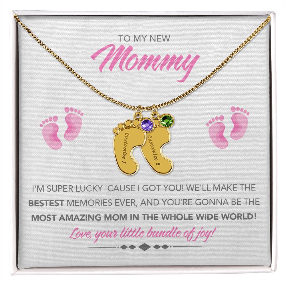 To My New Mommy Personalized Baby Feet Necklace, Super Lucky, Pink, Gift for Mom, Mother's Day Gift