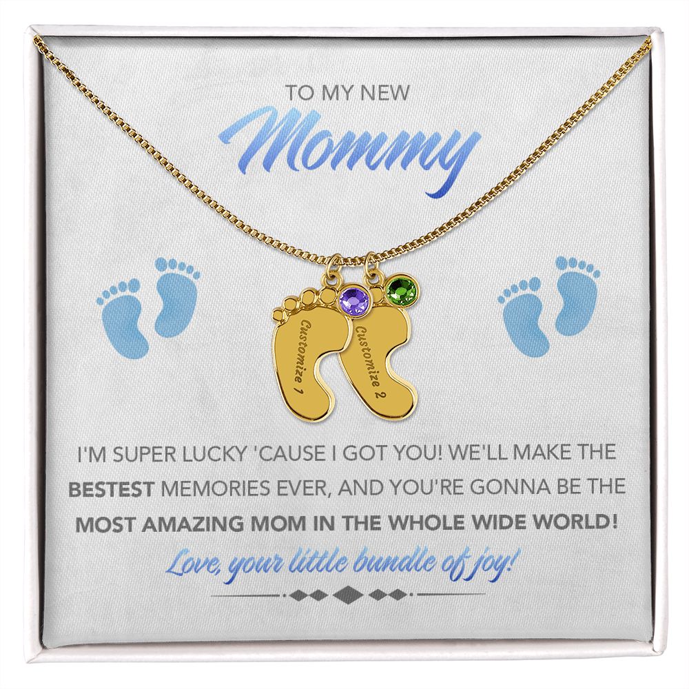 To My New Mommy Personalized Baby Feet Necklace, Super Lucky, Blue, Gift for Mom, Mother's Day Gift