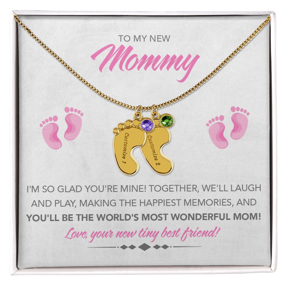 To My New Mommy Personalized Baby Feet Necklace, Glad You're Mine, Pink, Gift for Mom, Mother's Day Gift