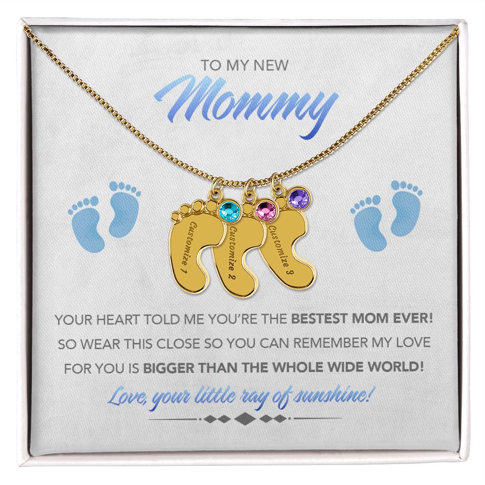 To My New Mommy Personalized Baby Feet Necklace, Bigger Than, Blue, Gift for Mom, Mother's Day Gift