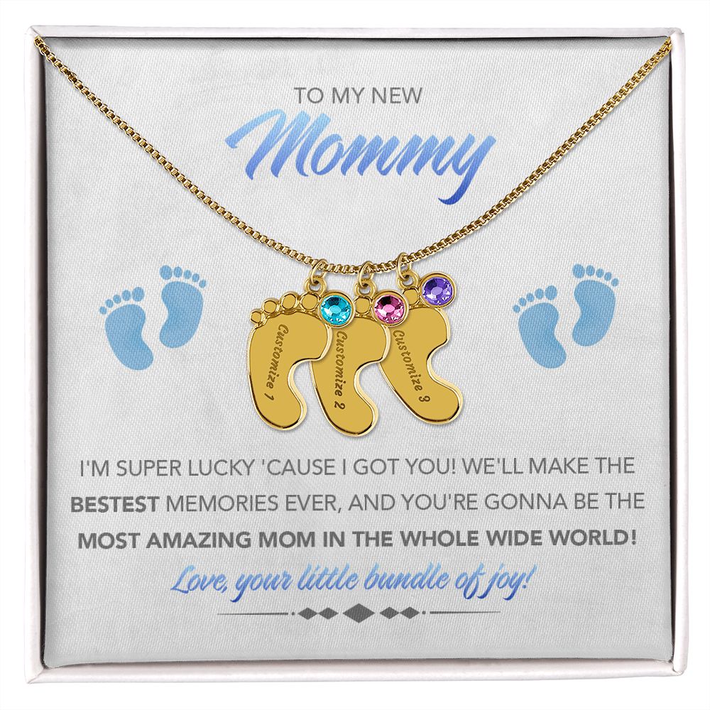 To My New Mommy Personalized Baby Feet Necklace, Super Lucky, Blue, Gift for Mom, Mother's Day Gift